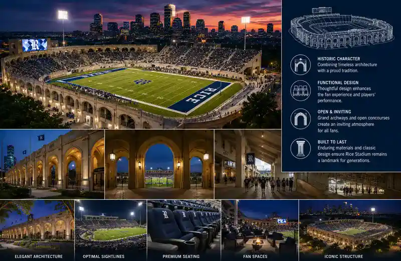 Historic architecture and stadium design details of Rice Stadium in Houston featuring grand archways, illuminated concourses, panoramic football field views, premium seating areas, and classic college stadium construction with the Houston skyline at sunset.